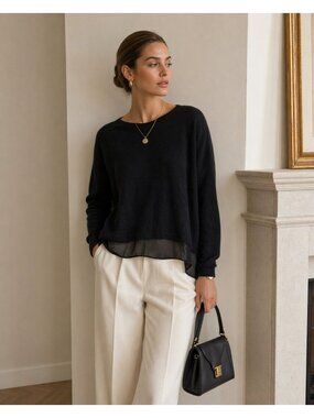 Massimo Dutti Black Cashmere Sweater Women Size M Sheer Layered Hem Luxury